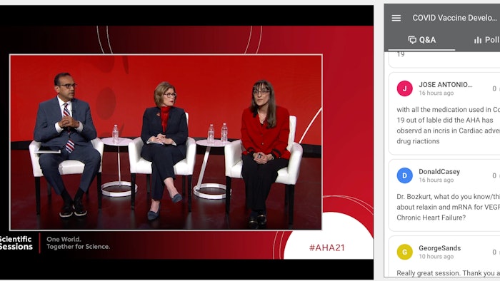 Manesh R. Patel, MD, FAHA, and AHA CEO Nancy Brown joined Biykem Bozkurt, MD, PhD, FAHA, for Saturday’s update and Fireside Chat on COVID Vaccine Development and CVD Implications.