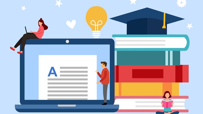 Graphic of a laptop with a pile of books, graduation cap
