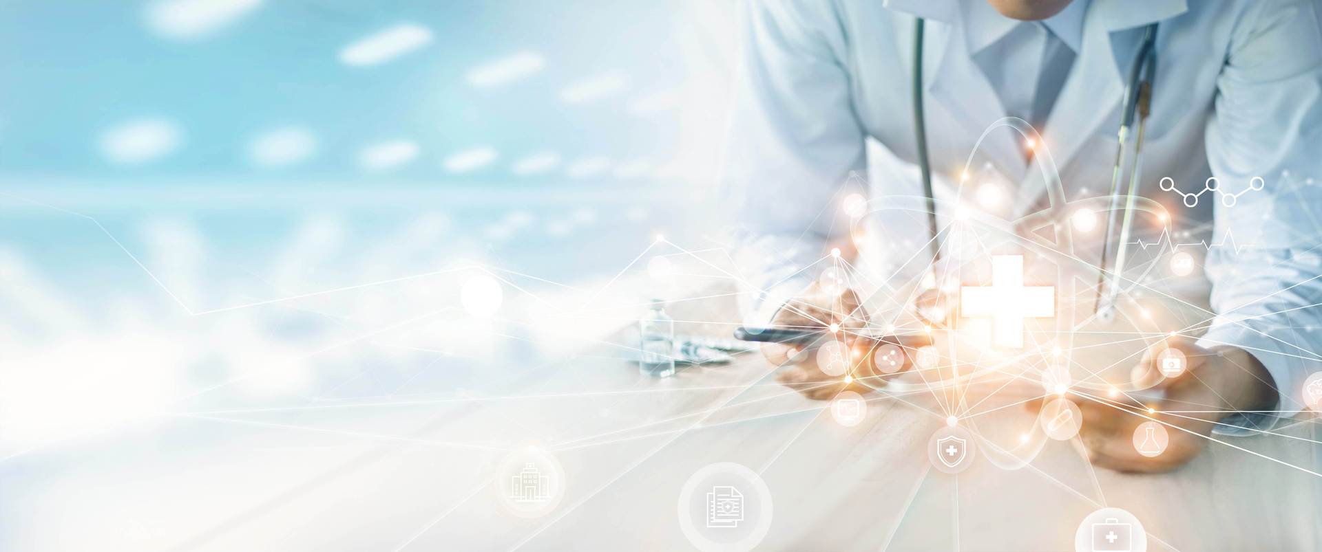 Graphic of doctor leaning forward with light symbols coming out