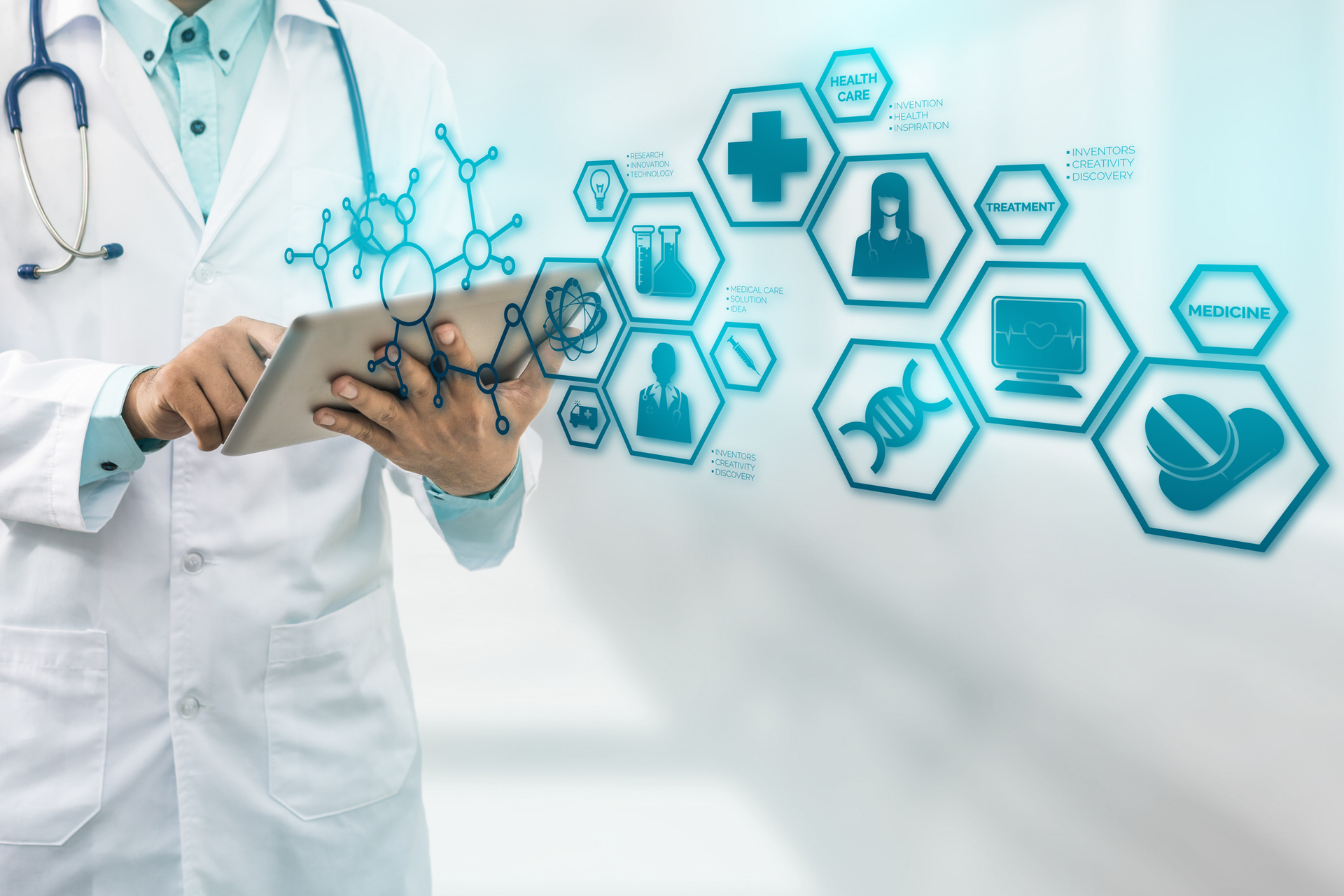 Graphic of doctor holding a tablet with hexagonal medical symbols flying out