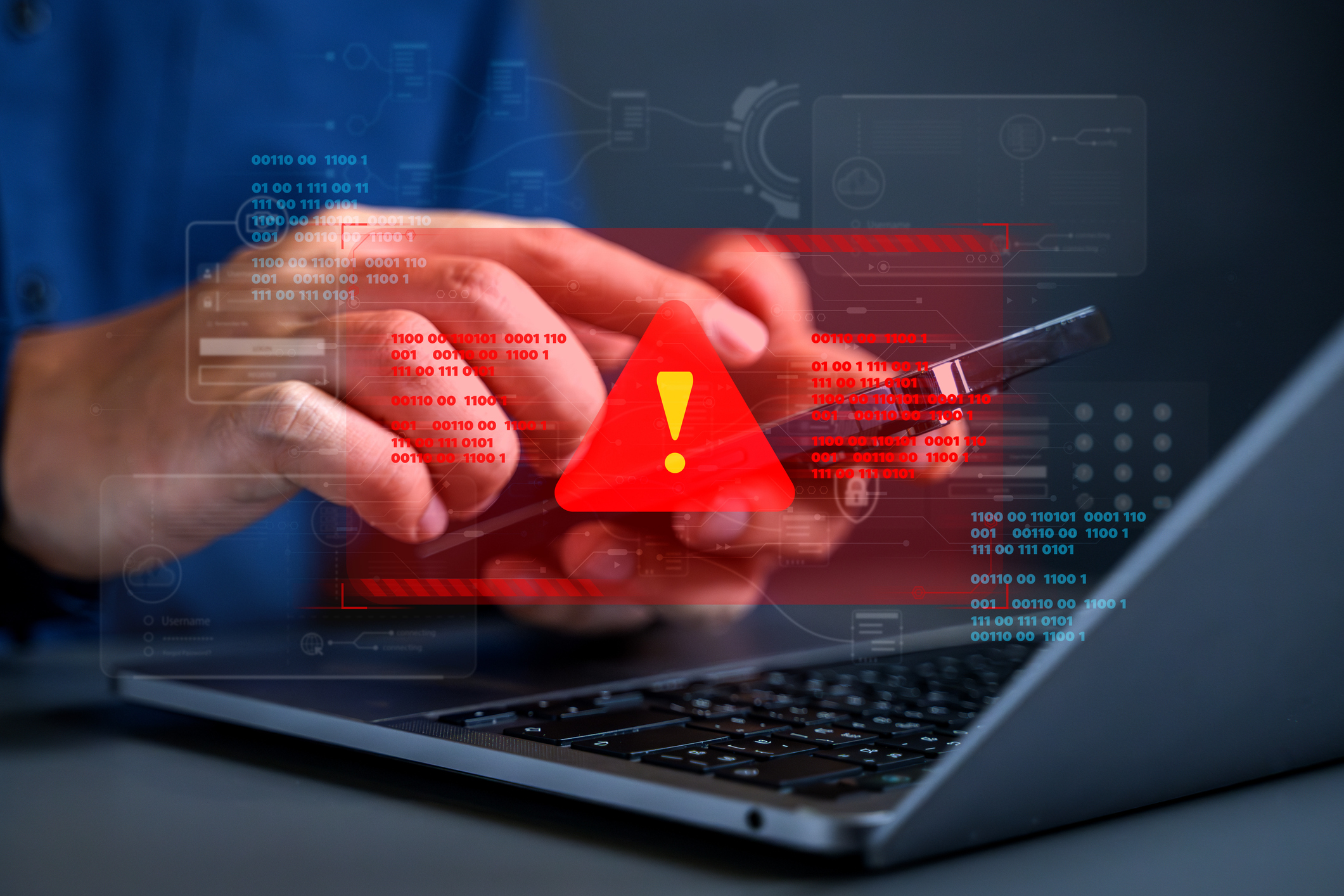 Digital warning alert with red exclamation triangle on computer screen