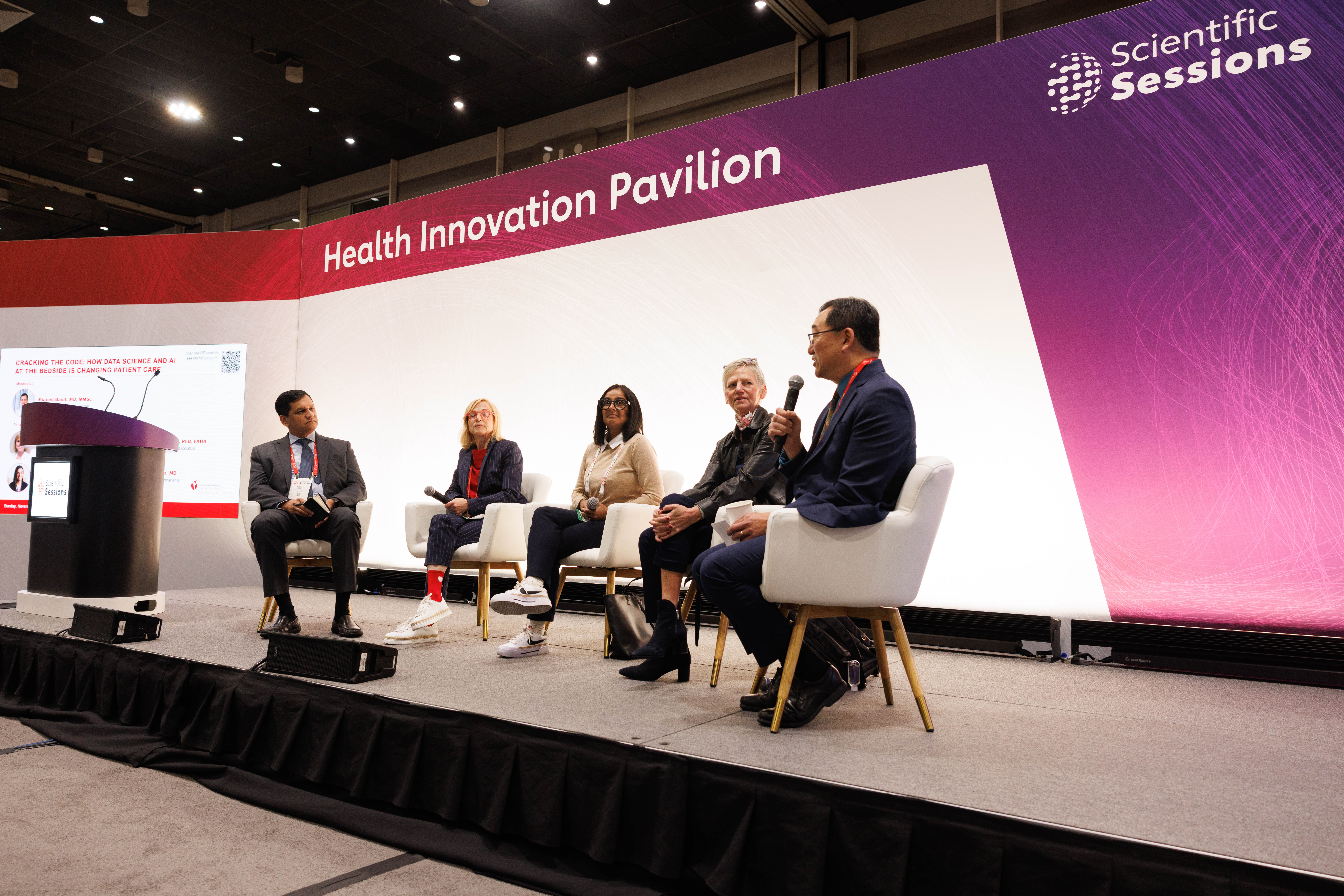 Panel discussion at Health Innovation Pavilion during Scientific Sessions conference with five speakers seated on stage