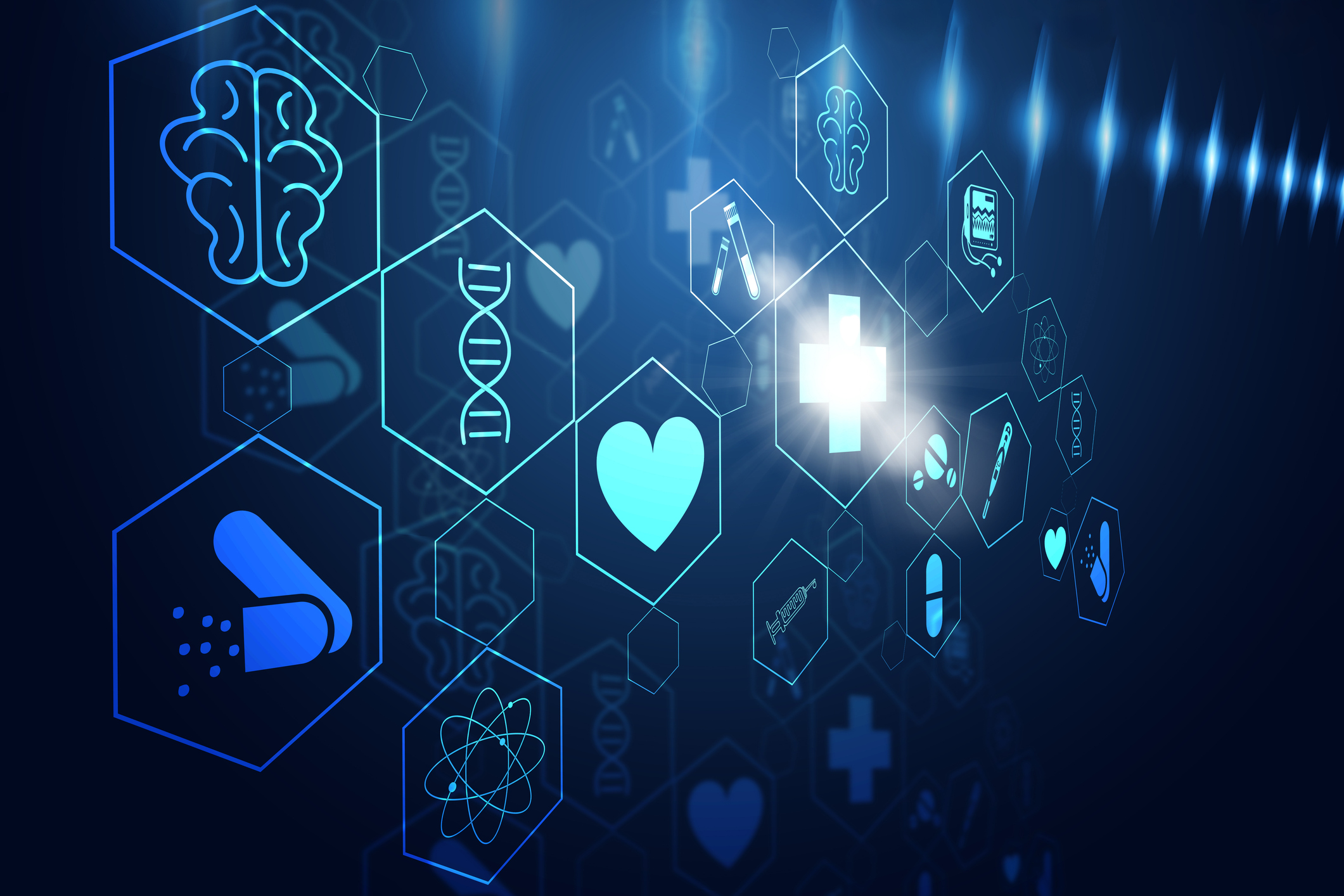Digital healthcare concept with medical icons including brain, DNA, heart, pill, and atom symbols in blue hexagons on dark background