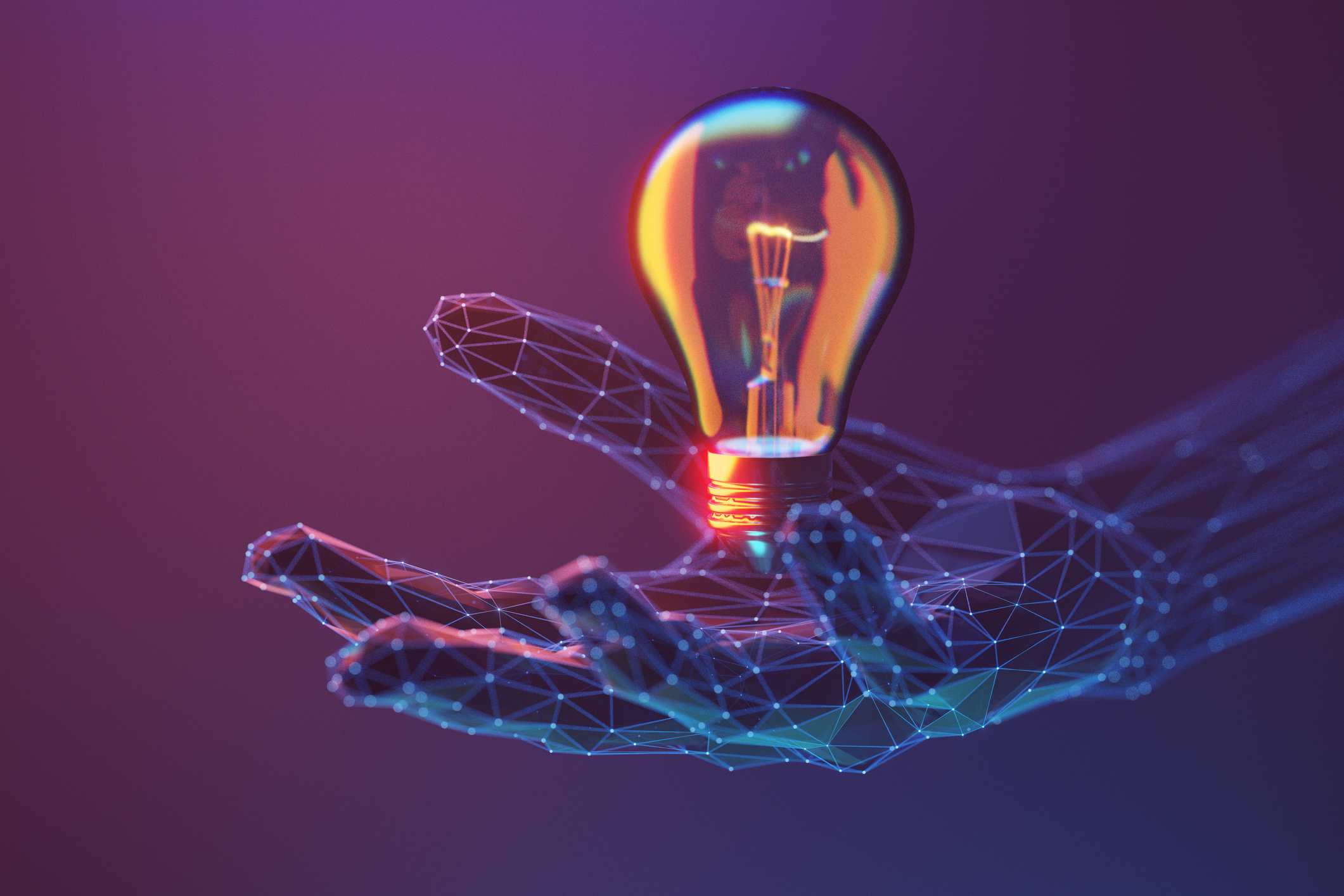 Digital illustration of a glowing lightbulb held by a wireframe hand against a purple gradient background, representing innovation and technology